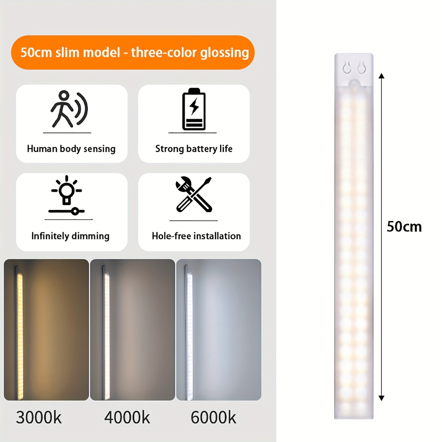 Ultra-thin LED light strip with human body sensing, multi-mode switching, wall-mounted design, and rechargeable lithium battery. Ideal for kitchen, wardrobe, bedroom, wine cabinet.