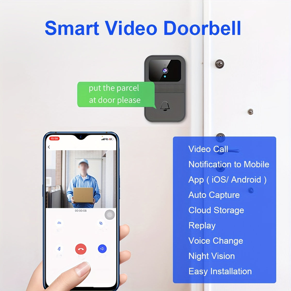 Wireless video doorbell with night vision, video call, auto capture, cloud storage, voice change, and easy installation.