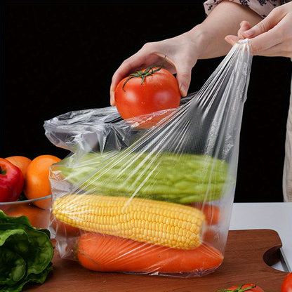 300 clear disposable food storage bags made of transparent polycarbonate material, suitable for supermarkets, convenience stores, and home use for food contact and freshness preservation.