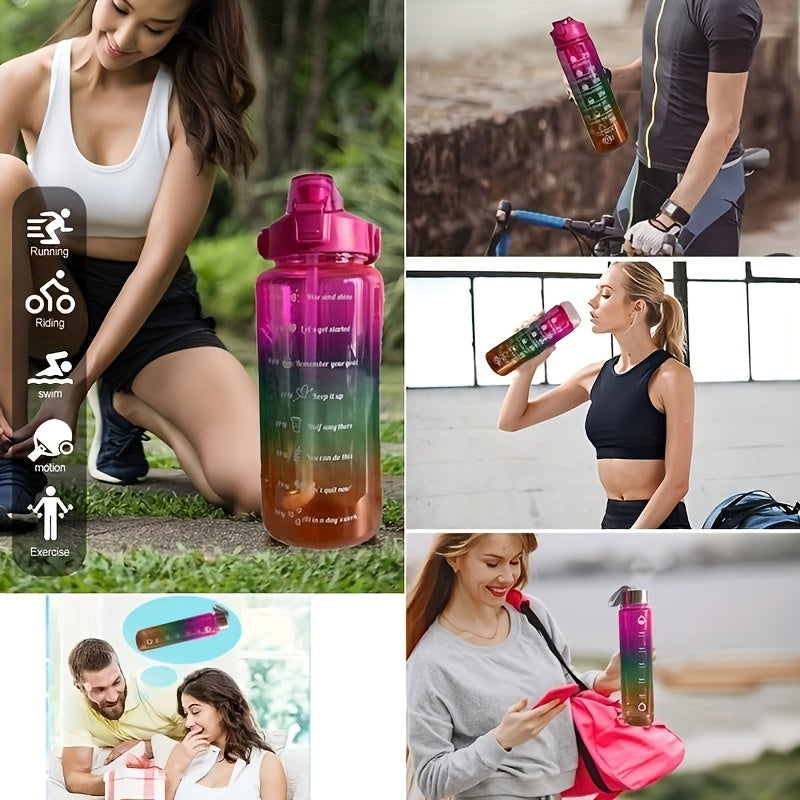 Set of 3 gradient color motivational water bottles (64oz, 32oz, 15oz) with mobile phone holder, food grade material straw cup, 2 stickers. Perfect for home and outdoor use, ideal Christmas gift.