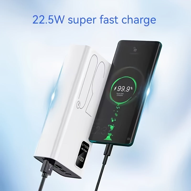 Portable power bank with 30000mAh capacity, 22.5W fast charging, and 3 USB outputs.