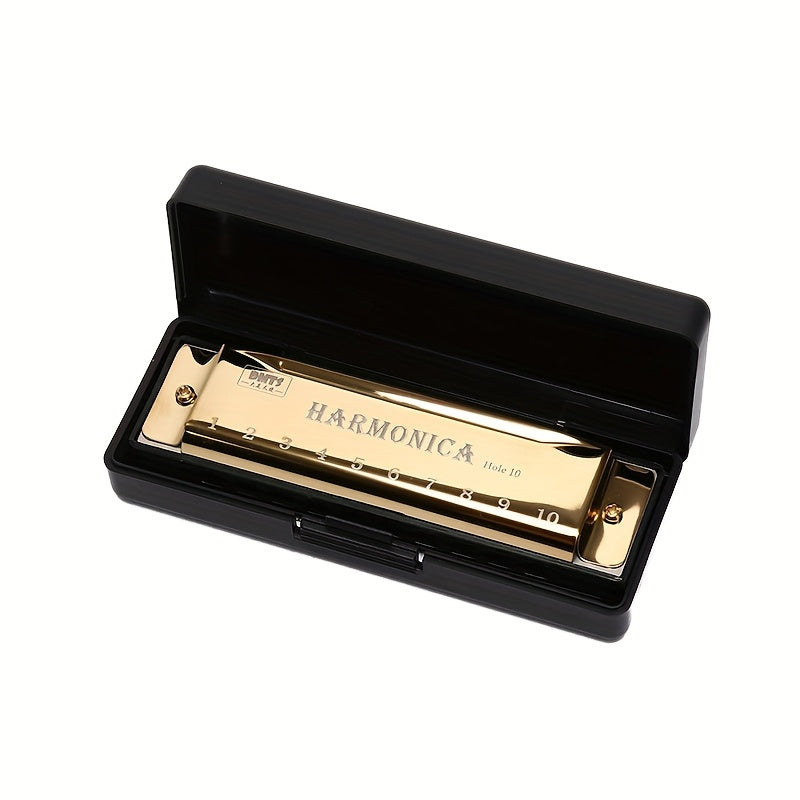 1pc Harmonica Beginner's Kit including a 10-hole copper core resin mouth organ with brushed metal and plastic construction, polished finish in red, golden, or black options.