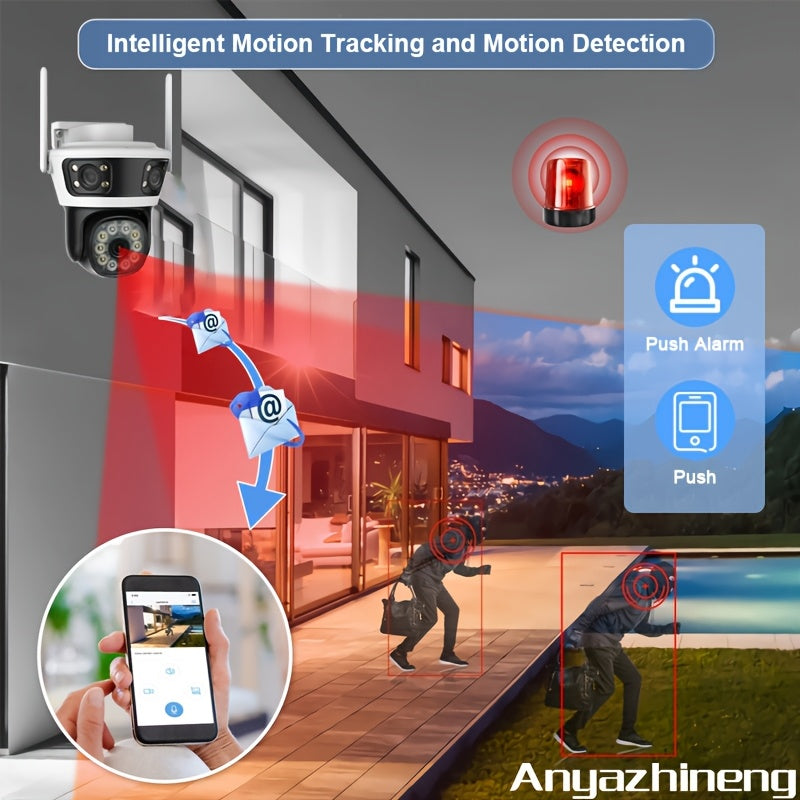 ANYAZHINENG Outdoor Wireless Security Camera is a high-definition 1080p camera with a triple lens for panoramic viewing. It features motion detection, night vision, two-way audio, PTZ capabilities, and can be wall-mounted. Powered by USB and compatible