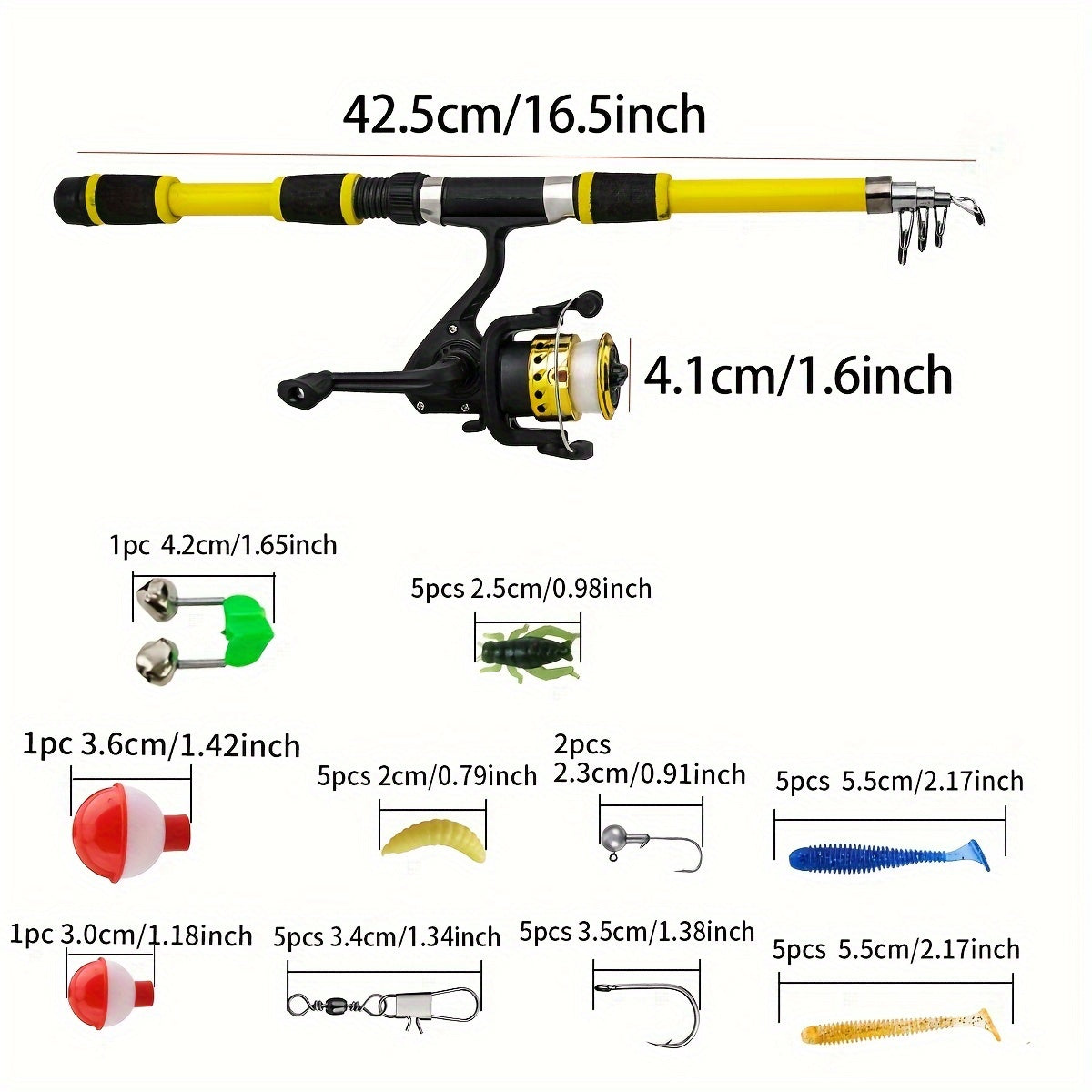 Compact fishing kit includes telescopic rod, pre-spooled reel, soft bait set, and carry case. Medium fast action, glass steel design suitable for various fishing locations. Great gift idea