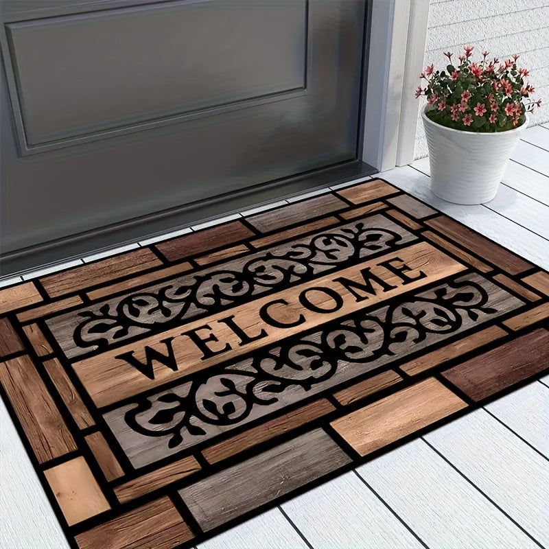 Inviting Entryway: Wood-Texture Door Mat with Anti-Slip Backing, Long-Lasting Polyester Material, Resistant to Stains - Perfect for Home Decor and Welcoming Guests