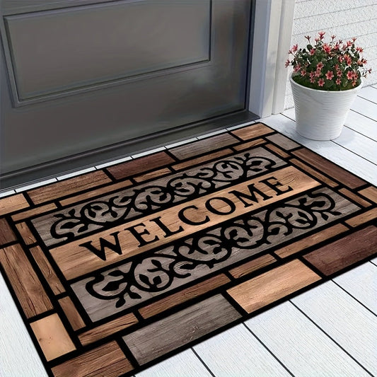 Inviting Entryway: Wood-Texture Door Mat with Anti-Slip Backing, Long-Lasting Polyester Material, Resistant to Stains - Perfect for Home Decor and Welcoming Guests