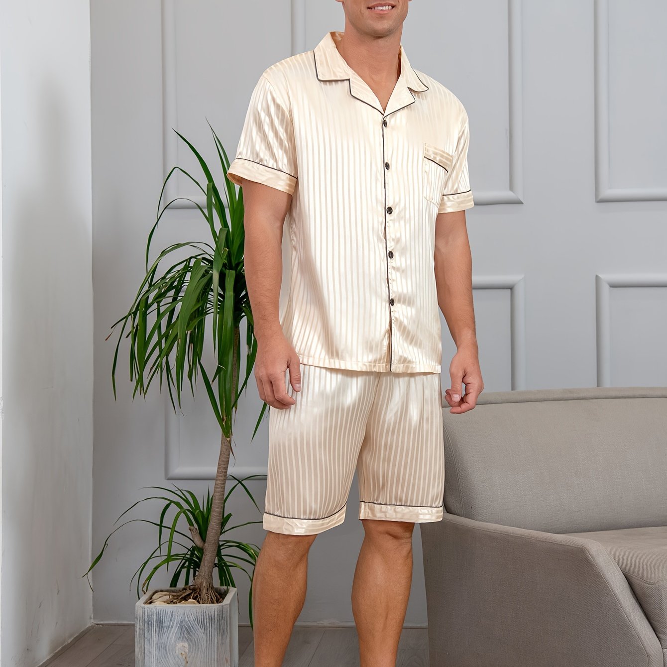 Men's reversible collar pajama set with silky, breathable fabric for summer