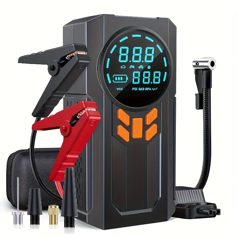 5-in-1 portable car starter includes air compressor, 150PSI tire inflator, USB rechargeable lithium battery (8000mAh), and peak power of 12V 1000A.