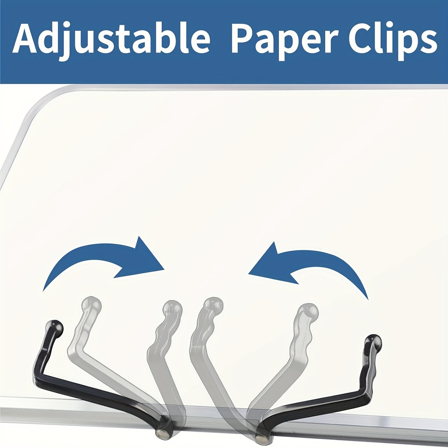 Adjustable and lightweight aluminum book stand with 2 flexible paper clips for tablets, magazines, and documents.