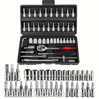 46-piece high-performance Chrome Vanadium Steel socket wrench set for ultimate car repair and maintenance. Ultra-portable and high-torque tools perfect for automotive, bicycle, and