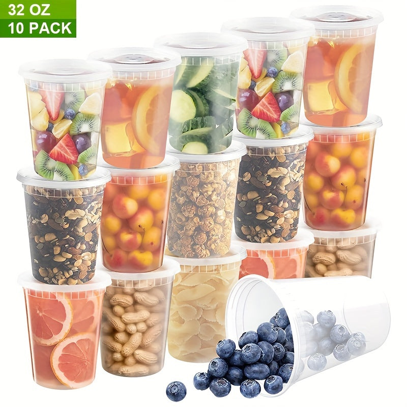 '- 10 sets of 32 oz plastic food containers with lids
- Containers are sealed and suitable for freezing and dishwashing
- Ideal for soup, takeout meal preparation, and storage