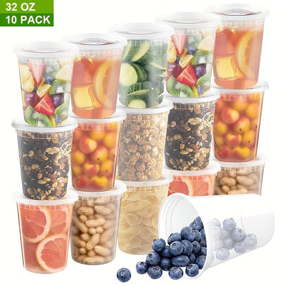 '- 10 sets of 32 oz plastic food containers with lids
- Containers are sealed and suitable for freezing and dishwashing
- Ideal for soup, takeout meal preparation, and storage