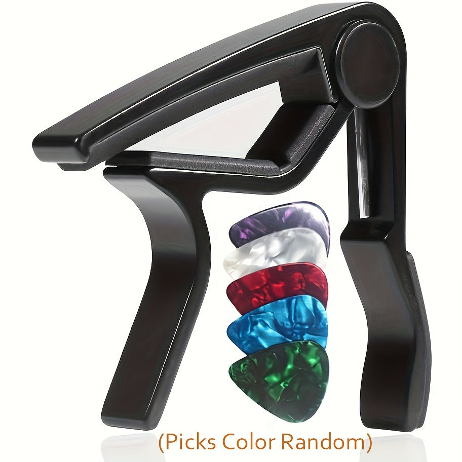 Guitar capo with 5 picks and quick change clamp for acoustic and electric guitars. Includes bonus guitar picks.