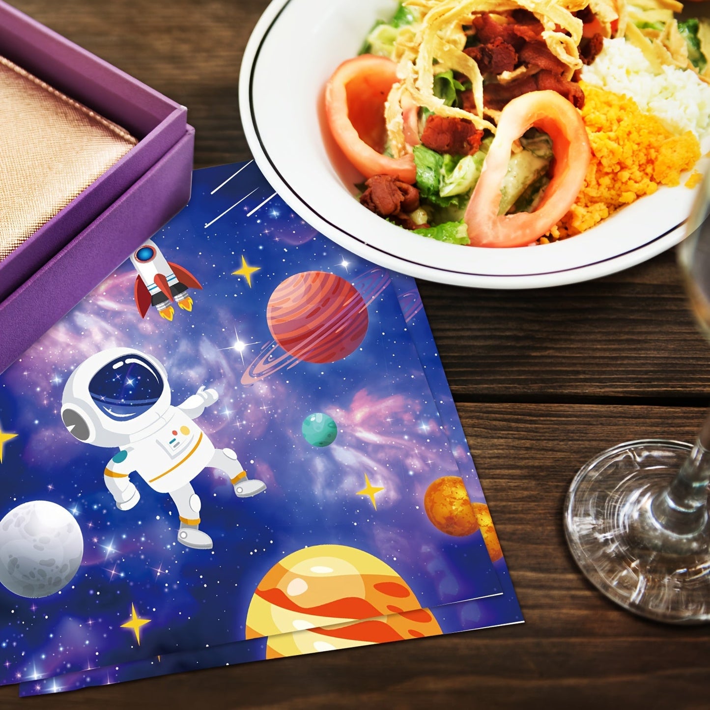 20pcs of Disposable Outer Space Party Napkins, perfect for an Astronaut themed party! These Rocket Ship party dinner paper napkins are ideal for any special occasion, including weddings, theme parties, and birthdays. Add a touch of outer space to your