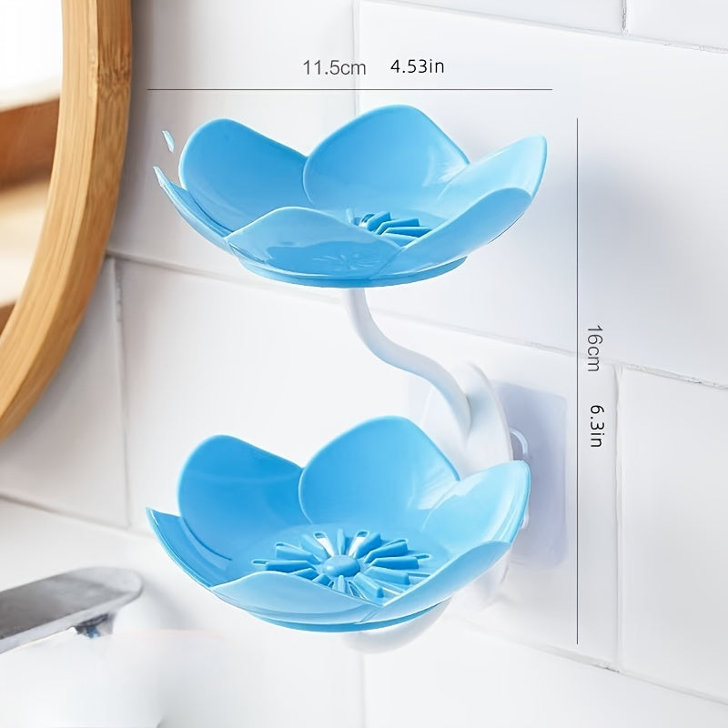 Plastic flower-shaped soap dish set with drainage holes, double-layer design, wall-mounted, 11.5cm x 4.53cm, also includes a 16cm x 6.3in soap holder for bathroom accessories.