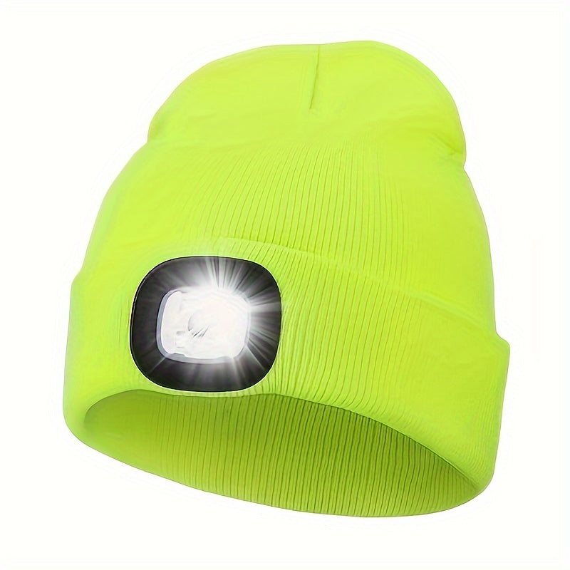 Stay illuminated with this versatile Unisex Beanie Hat featuring LED lights! With 4 LEDs easily changed with a button cell, this knitted hat doubles as a hands-free headlamp cap perfect for night walking, fishing, camping, and hunting.