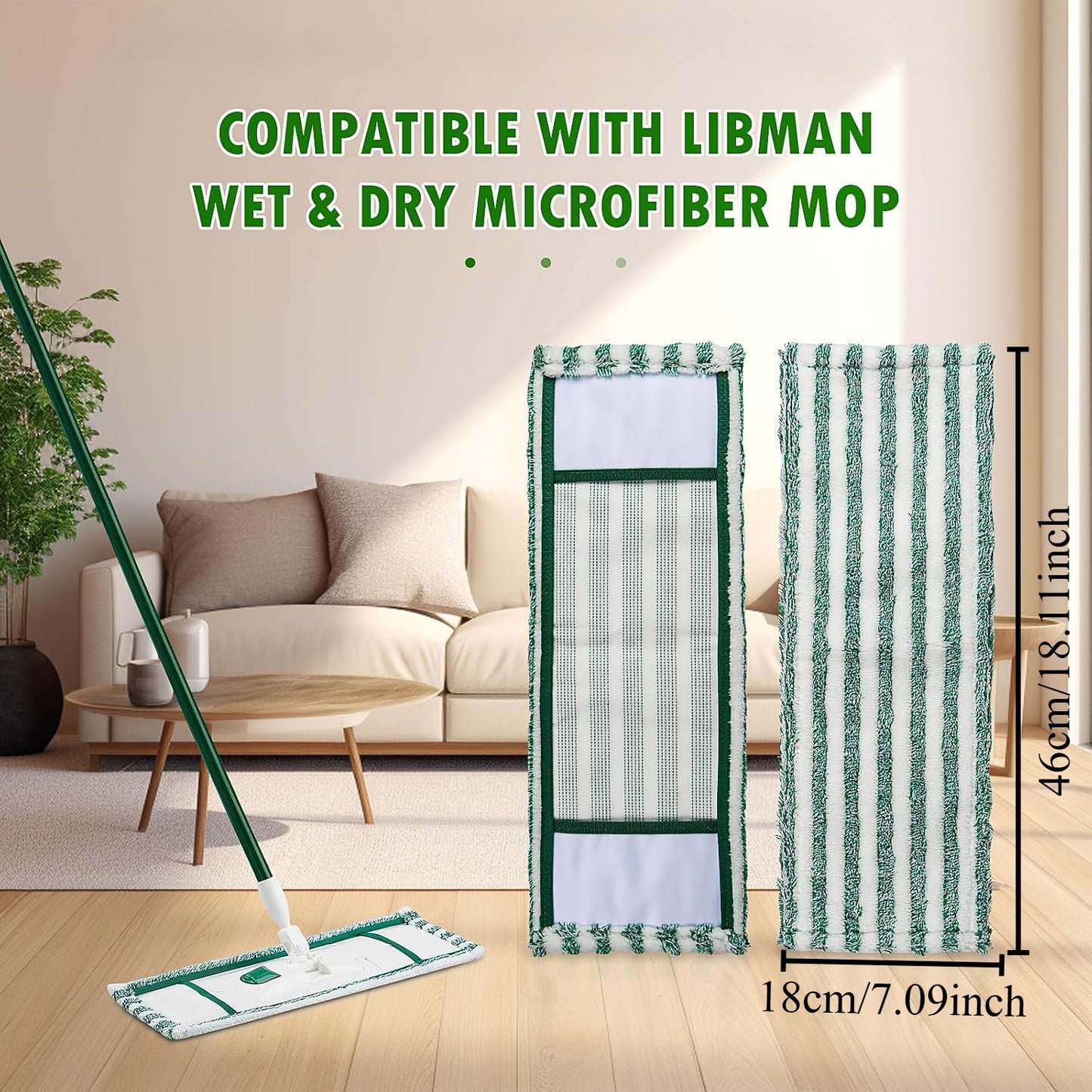 Microfiber mop refill pad in green stripe pattern, washable and reusable. Compatible with Libman floor mop for easy wringing. Perfect for home and office use.