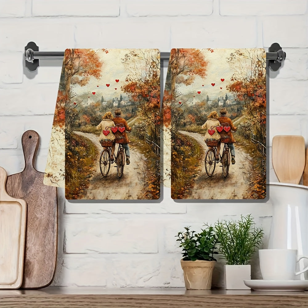 2 Pieces of Ultra Soft Kitchen Towels featuring a couple riding a tandem bicycle decorated with heart-shaped bells down a country lane. These highly absorbent dish hand towels are perfect for holiday decor. They are machine washable and measure 16x24