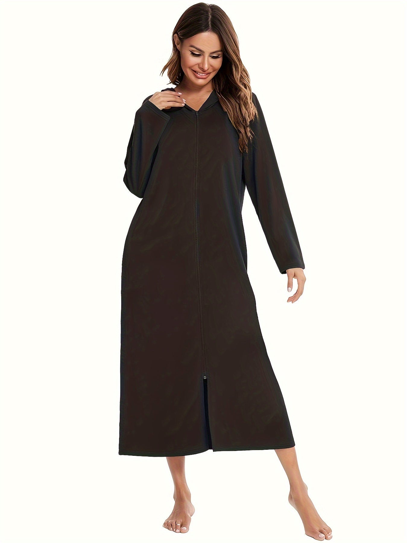 Comfortable zip-up lounge dresses with a hood, perfect for women's loungewear.