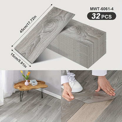 32 peel and paste floor tiles with wood grain design, 45cmx15cm, self-adhesive, waterproof, suitable for bedroom and home decor.