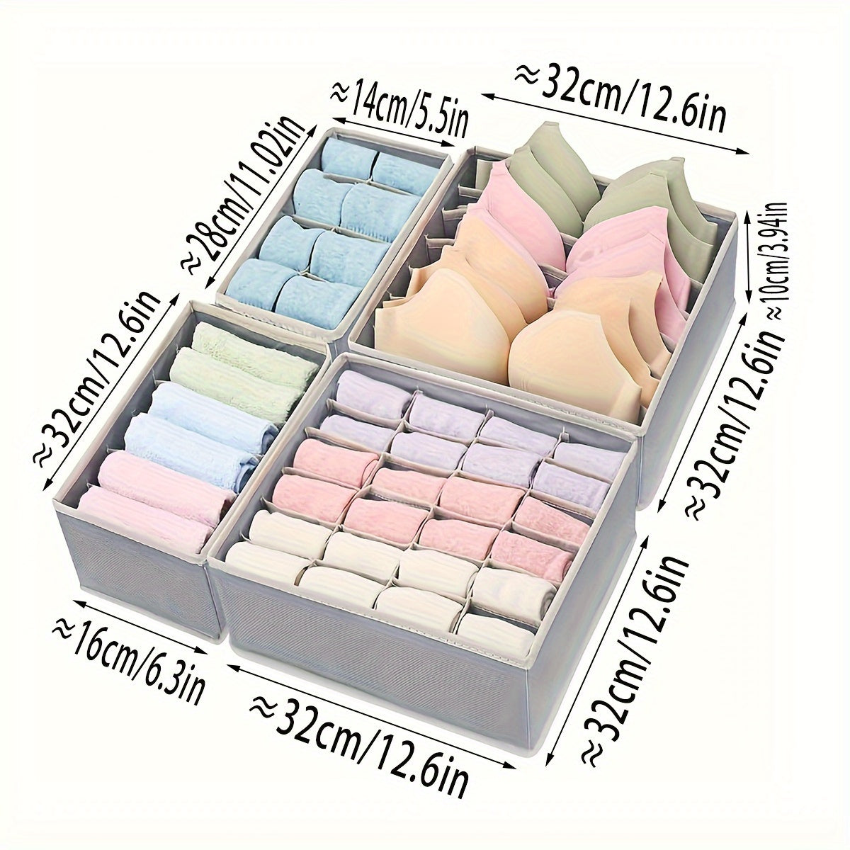 These 4 Foldable Non-woven Fabric Storage Boxes are designed specifically for organizing underwear, bras, socks, and other clothing items. Keep your wardrobe neat and tidy with these convenient compartment storage boxes that can easily be folded away