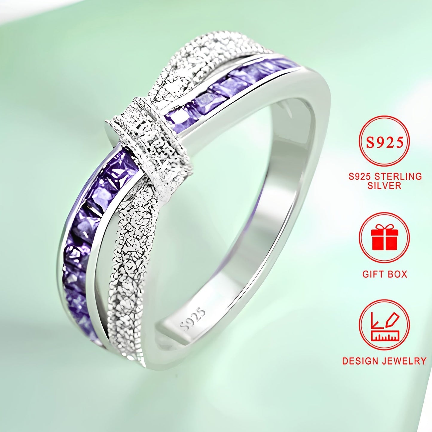 Ring:

This stunning ring is made of 925 sterling silver, with colorful shiny zirconia stones that form a cross bow design and feature a beautiful purple zirconia inlay. It is the perfect accessory for daily wear, parties, and holidays. This ring makes a