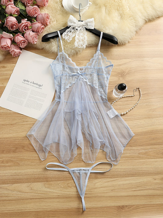 Stylish sheer slip dress with lace detail - ruffle-trimmed sleepwear set for women with matching thong, made from breathable polyester blend.