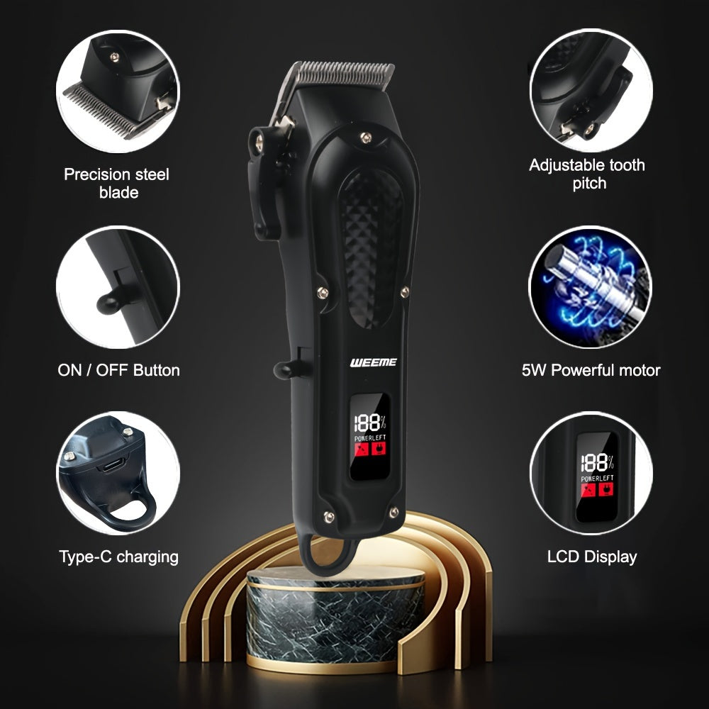 Introducing the WEEME New Technology Black Light Digital Display Three-piece Set - Electric Hair Clipper, T-shaped Trimmer, and Reciprocating Razor. Professional haircut and shaving in one