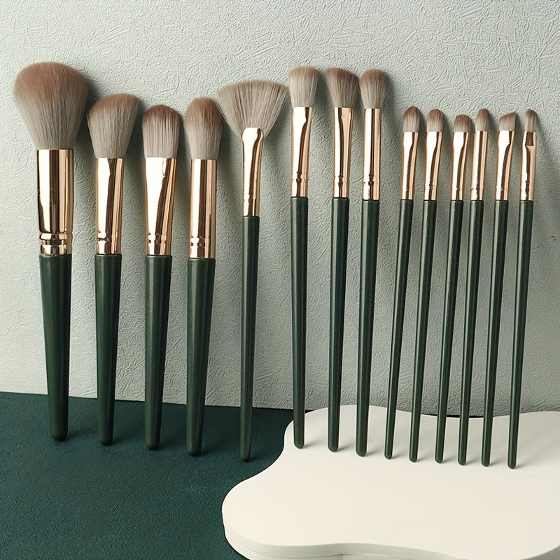 14-piece luxurious green brush set for full face and eye detailing, perfect for foundation, contouring, and blending.