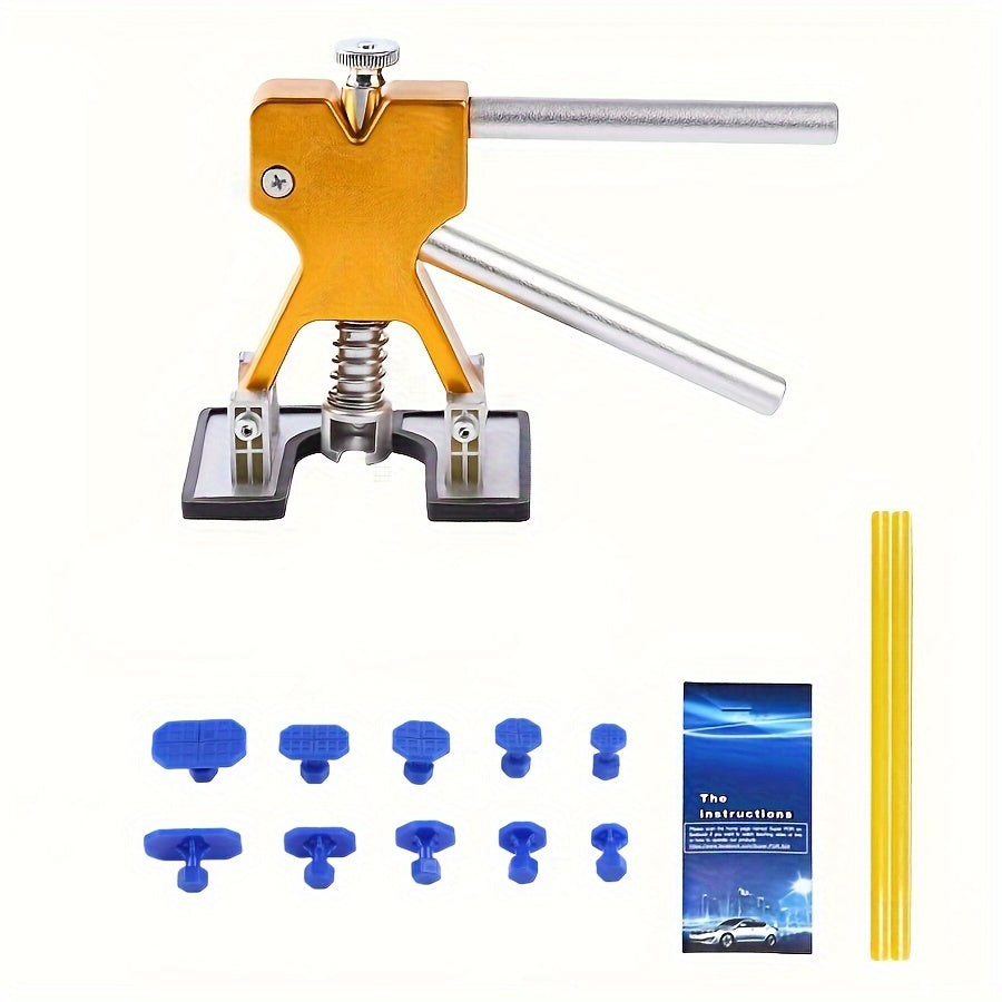 Dent puller kit for paintless dent repair, includes adjustable golden dent remover tools for large and small dings.