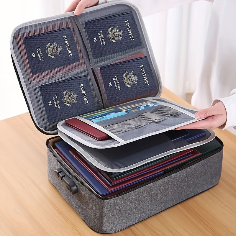 Fireproof document bag with lock, water-resistant, multi-layer storage for files and passports. Ideal for home, office, and travel.