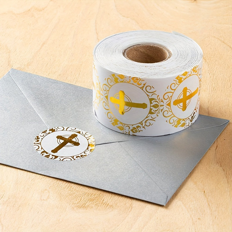 500 gold-plated Christian prayer stickers with circular crosses for sealing envelopes and office labels.