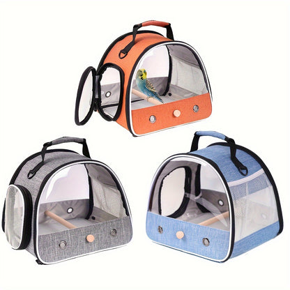 Portable bird travel carrier cage with linen zipper closure, small size suitable for budgies, parakeets, parrots, conures, and cockatiels. Features wooden perch mount, absorbent pad, soft