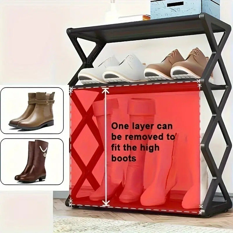 Contemporary Black Plastic Shoe Rack Organizer with 4 Tiers, Foldable Design for Space-Saving. Sturdy Frame, No Electricity Required. Perfect for Closet, Entryway, Bedroom, Floor, or Outdoor Use.