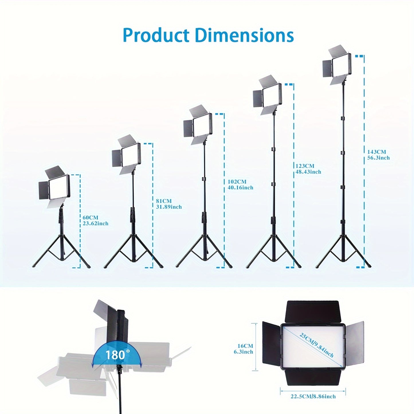 Photography lighting kit with studio fill lights, tripod, LED fill light, dimmable options, four baffles, cell phone clip. Ideal for video recording, photo studio, conferences, live selfies.