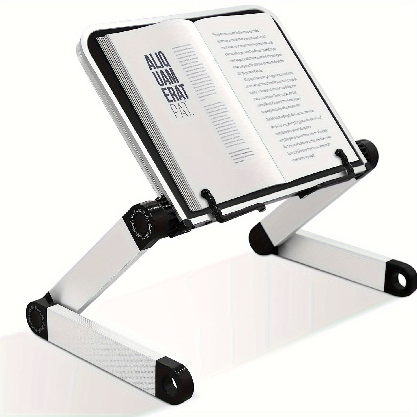 Adjustable and lightweight aluminum book stand with 2 flexible paper clips for tablets, magazines, and documents.