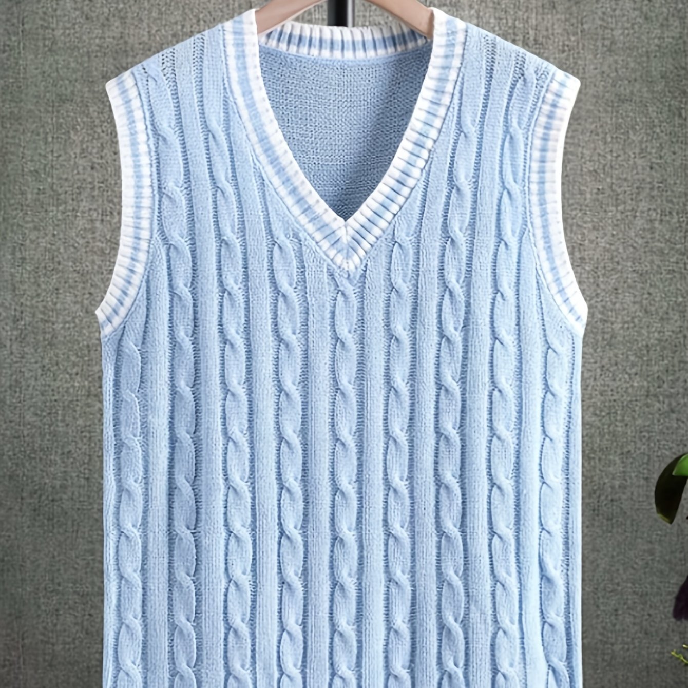 Men's lightweight black cable knit sweater vest is a casual V-neck, sleeveless pullover made from acrylic fabric, suitable for spring/autumn. Also available in plus size.