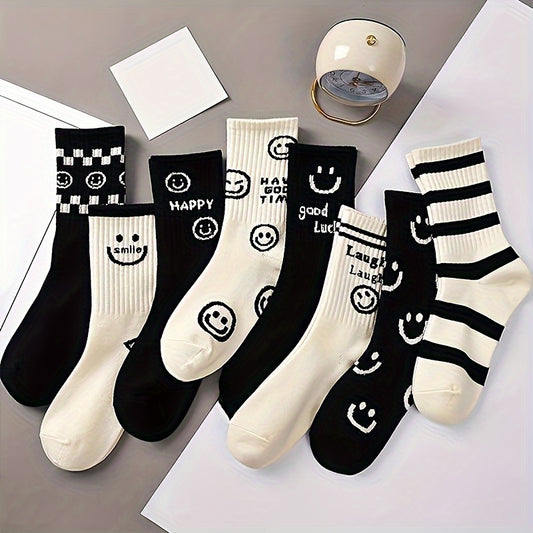 Vintage style mid tube socks with smiling face print, 8 pairs for women.