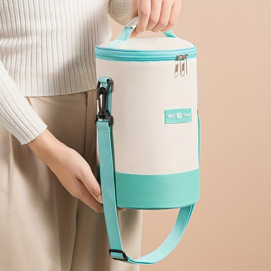 Portable lunch bag with telescopic adjustable shoulder strap, large capacity reusable insulated bag, suitable for travel outdoor meals, made from washable multi-color material. Perfect for kitchen supplies.