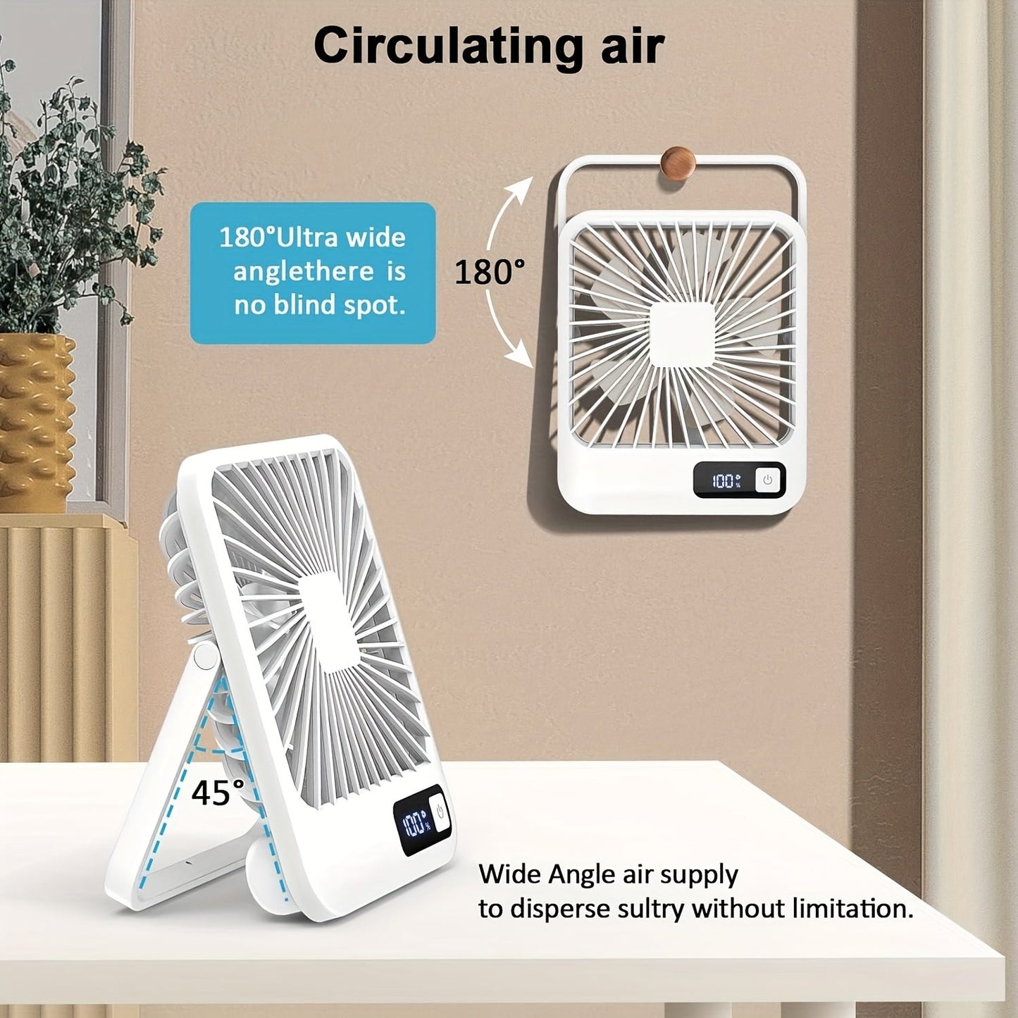 The YITUMU Mini Desktop Fan is a USB-charging portable fan with a square shape. It has a 1800mAh rechargeable battery, making it perfect for use on cruises. This fan provides powerful wind and has 5 adjustable speeds for personalized cooling. It operates