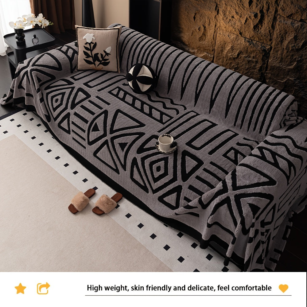 Boho style geometric sofa throw with velveteen fabric. Machine washable cover is anti-dirt, anti-slip, and pet-friendly. Made of 100% polyester for various sofa sizes.