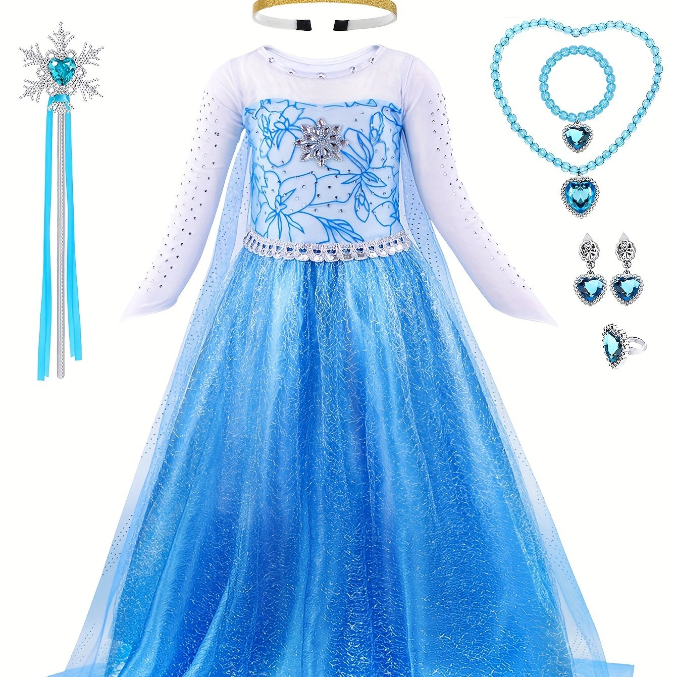 Girl's Elsa Queen costume with accessories for cosplay and birthday parties.