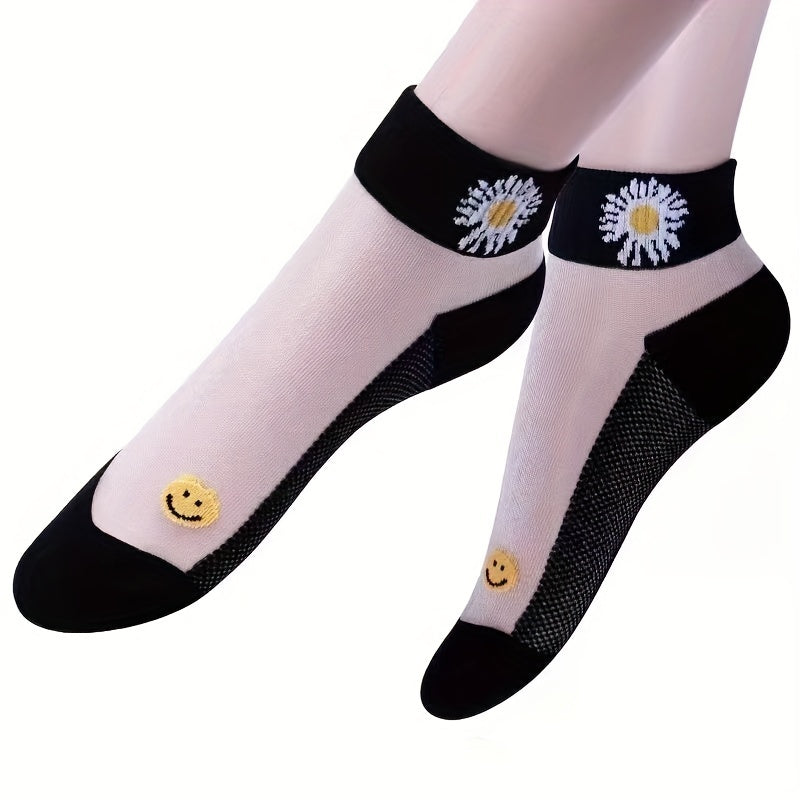 5 pairs of floral print short socks for women, breathable and lightweight transparent stockings.