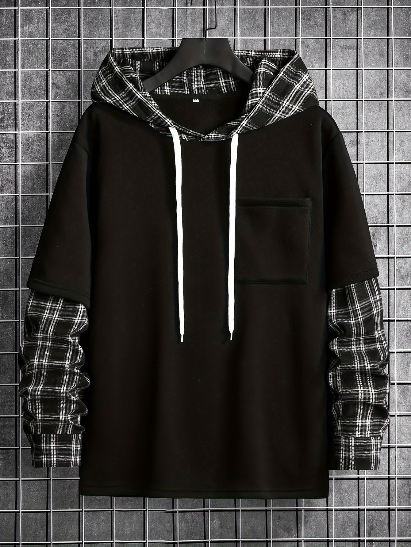 Men's plaid pattern hooded sweatshirt with pocket, perfect for spring and fall leisurewear.