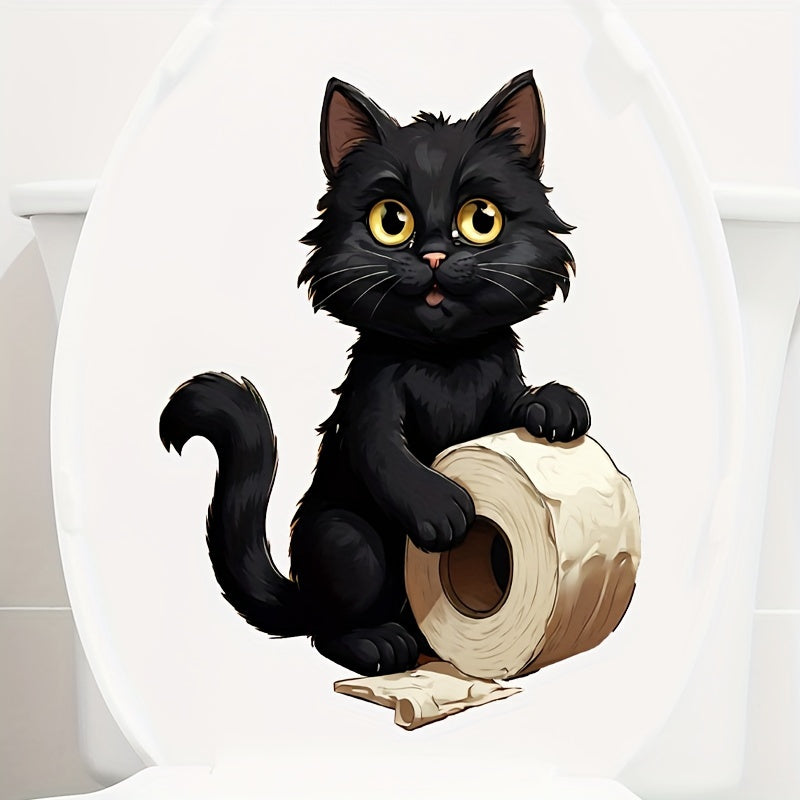 1pc Cute Black Cat Toilet Paper Sticker for Home Bathroom, Easy-to-Apply, Self-Adhesive, Disposable Decor for Restroom.