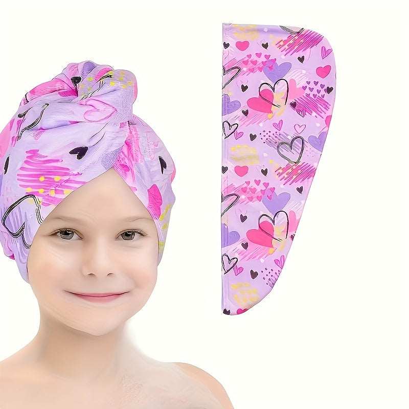 Printed microfiber hair towel for kids with quick-drying soft fabric, and button hair bandana for girls to wrap wet hair in salon.