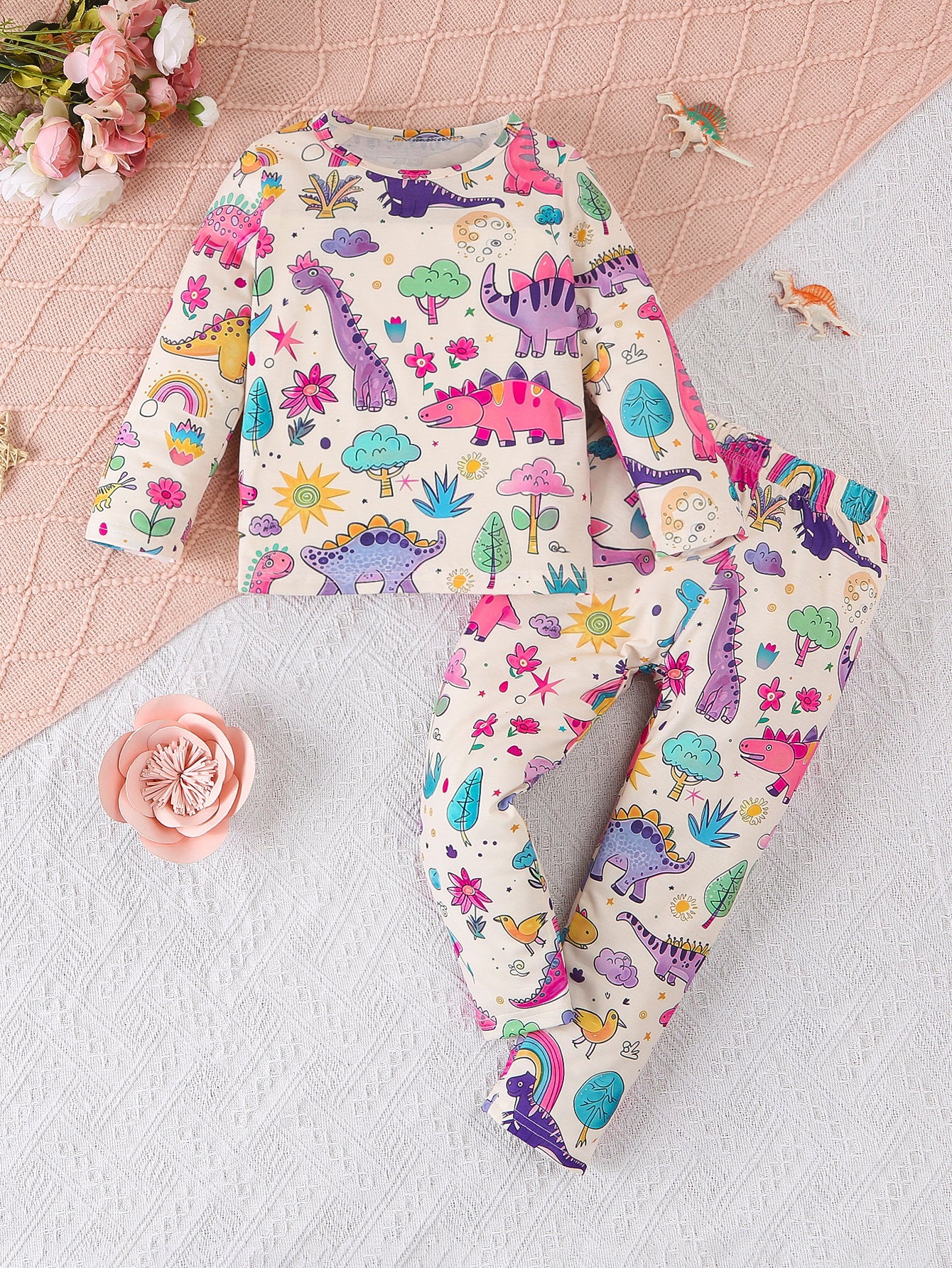 Girls' 4-piece pajama set with cute butterfly, girl, donut, and dinosaur patterns. Comfy for all seasons, made with stretchy polyester blend. Great daily gift.