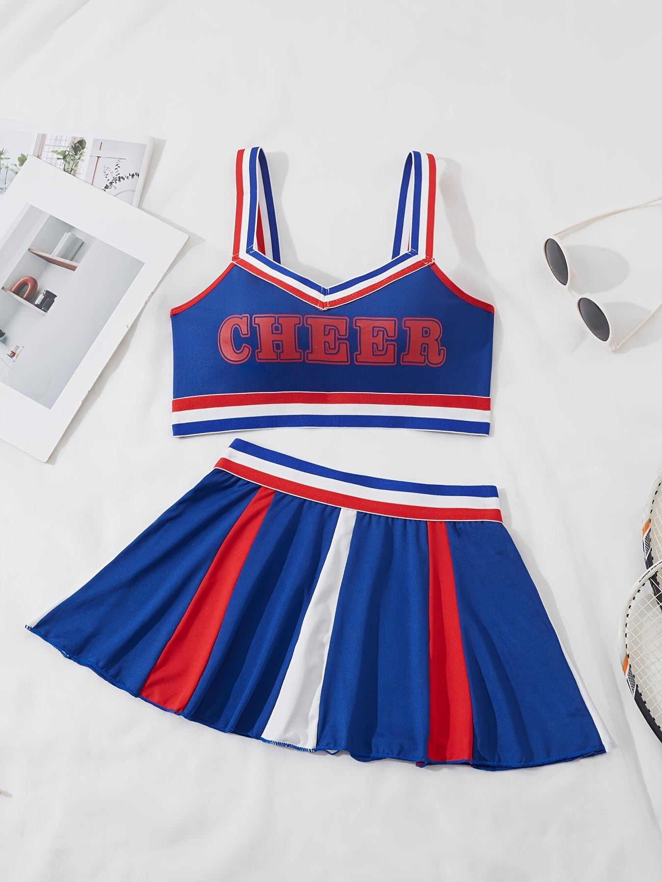 Sexy cosplay costume mimicking a cheerleading uniform