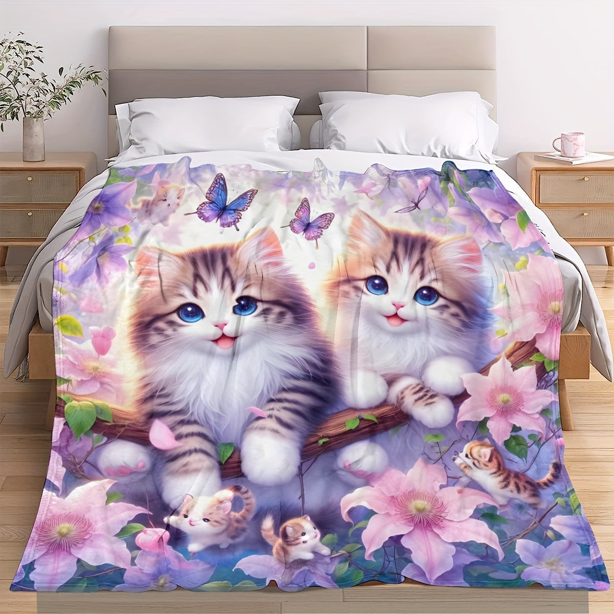 Soft and cozy plush throw blanket featuring a cute cat print design. Made of knitted flannel polyester, this all-season blanket is perfect for home, kitchen, bed, picnic, travel, and makes a great Christmas gift. With a contemporary style and weighing