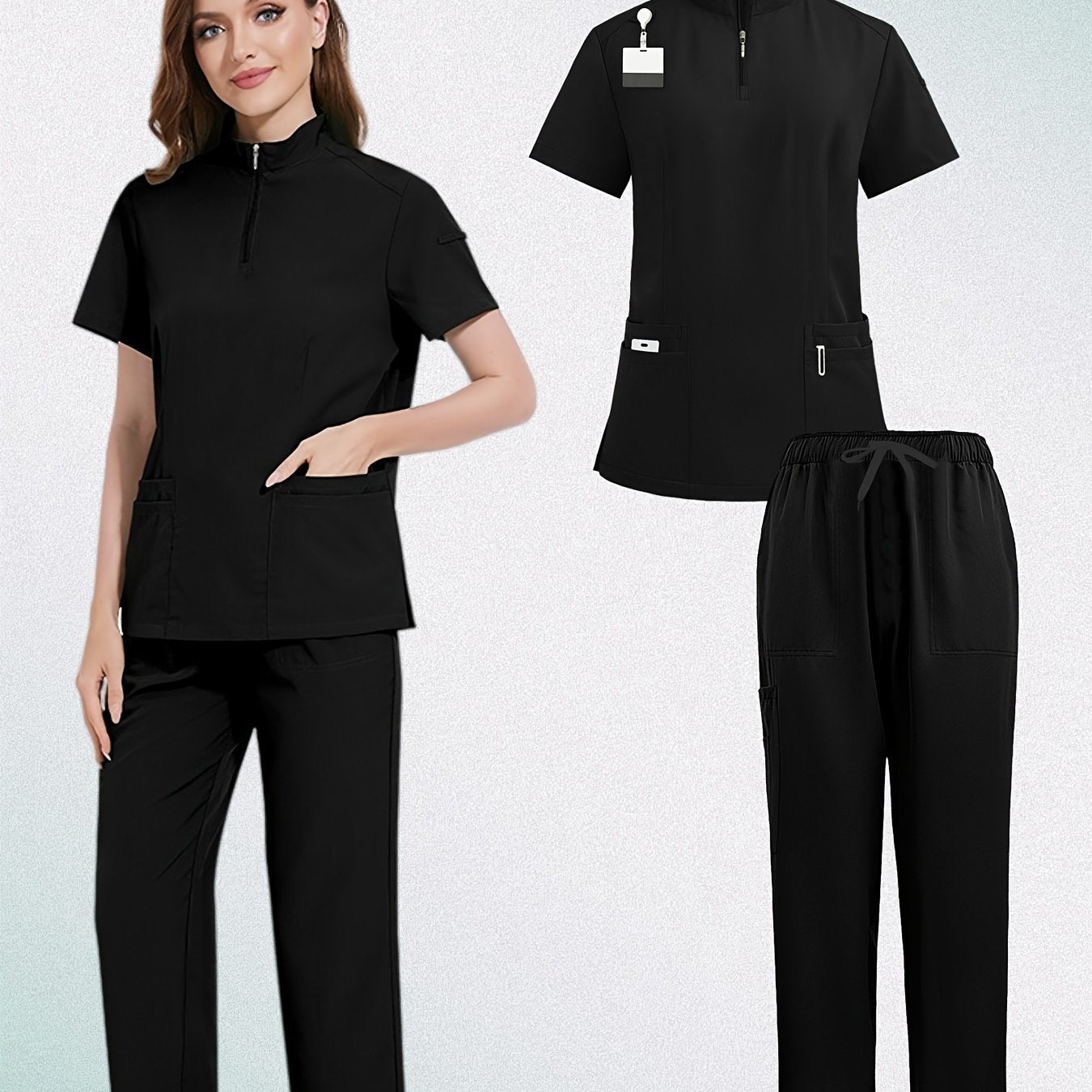 Women's elegant polyester scrubs set with zippered polo collar top and jogger pants, featuring multiple pockets. Made of woven fabric with 95% polyester and 5% spandex, ideal for spring